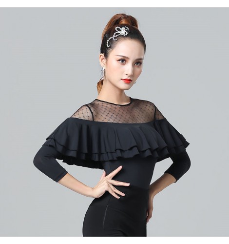 Black Lace See Through Ruffles Neck Latin Dance Tops For Women Female Ballroom Salsa Rumba 